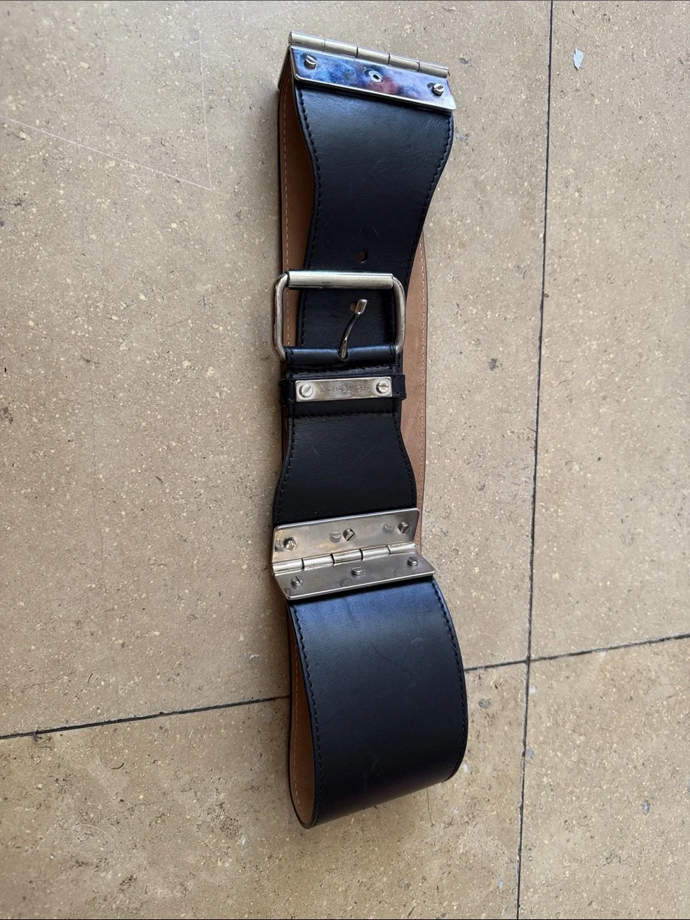 Michael Kors Collection Black Elastic Belt with Silver Hardware